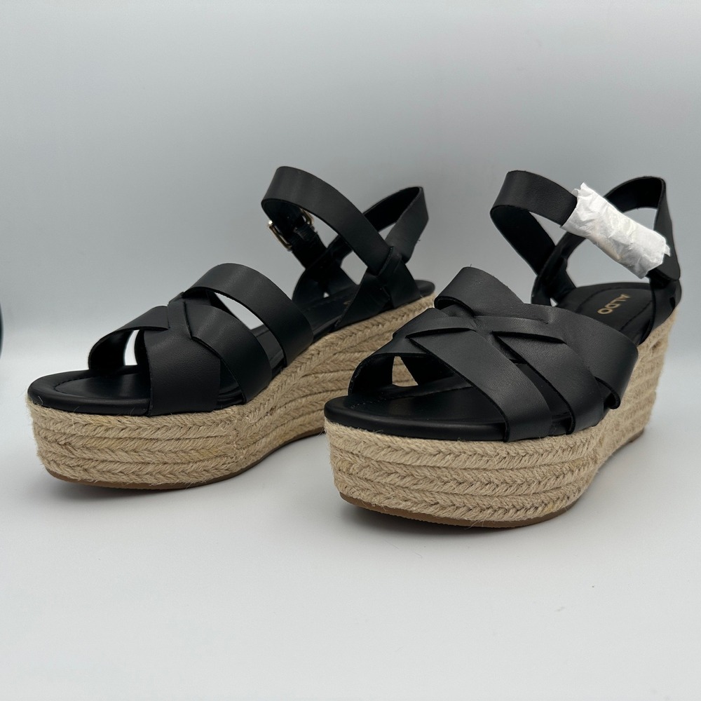Aldo Meresha Black Espadrille Wedge Sandals Platform Strappy Ankle Strap 7.5 - Picture 5 of 13